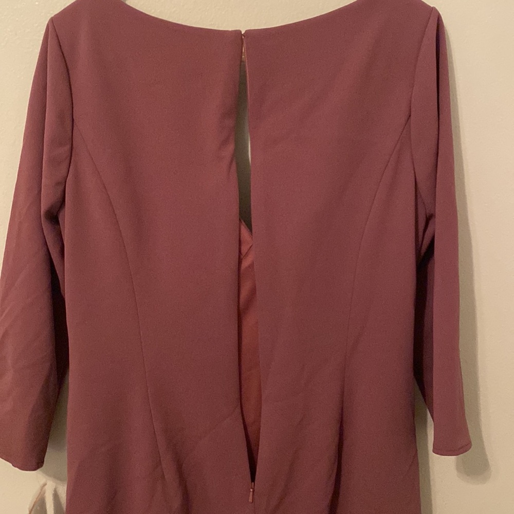 Oleg Cassini Knee Length Crepe Dress with Cascade in Color Chianti [Size: 14] - Picture 4 of 16